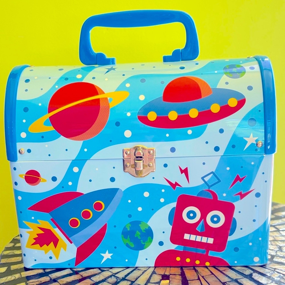 Vintage Schylling 2006 Robot Keepsake Lunch Metallic Box Space Adventure Kids !